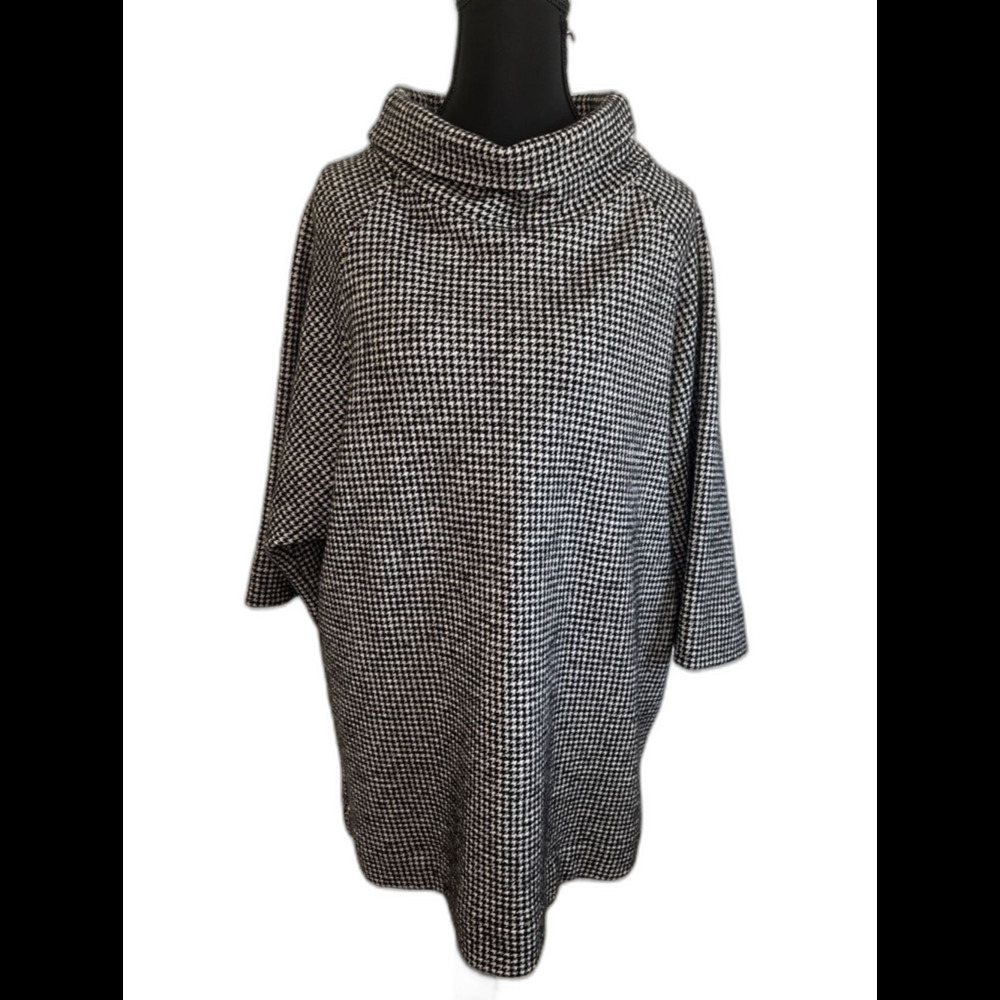 Bryn Walker Houndstooth Cowl Neck Tunic Black White Wool Blend Lagenlook Large